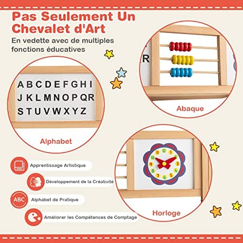 DREAMADE Chevalet d’Art pour Enfants, Chevalet en Bois Double Face Réglable avec Tableau Blanc Magnétique & Tableau Noir, Rouleau de Papier Bonus et Aimants en Lettres, Planche à Dessin Debout
