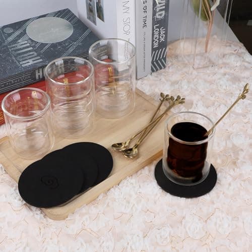 CPROSP 4 * 400ml Tasse à Café Double Paroi, Verre à Double Paroi pour Café Latte avec 4 Cuillère + 4 Sous-Verre, Tasses à Café en Cristal Résistantes à la Chaleur