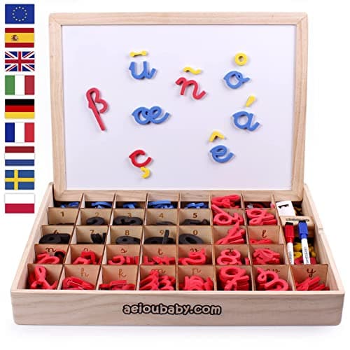Numéros Lettres Magnétiques Montessori. Abécédaire Mobile Italique Lettres liées. Jeu Éducatif Enfants Apprendre à Lire Écrire. Boîte en Bois,Multilingue,Craies,Marqueurs,Gomme,Tableau Blanc-Noir
