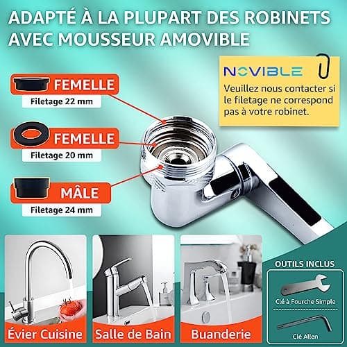 NOVIBLE - Rallonge Robinet Magique Pivotant 1440° - Mousseur Robinet en Laiton avec Douchette pour Cuisine et Salle de Bain - Extension de Robinet Multifonction Rotatif