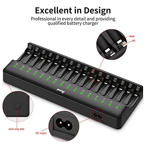 BONAI Chargeur Piles Rechargeable Rapide, 16 Slots Rechargeable Chargeur Piles pour AA AAA Ni-MH Ni-CD avec lumière LED et Câble de Charge AC, Contrôle Indépendant, Chargeurs intelligents