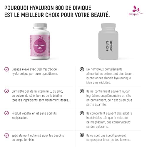 Acide hyaluronique gelules - Fortement dosées avec 600 mg - 90 gelules - Acide hyaluronique 500-700 kDa - avec vitamine C, zinc, cuivre, sélénium et biotine - végétalien, testé en laboratoire