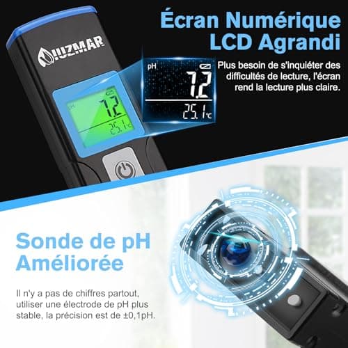 UIUZMAR pH Mètre Testeur pH de Piscine Numérique, Test du pH et de la Température de L'eau, Liquide, Kombucha pH-mètre pour Hydroponie, Aquarium, Spa, Réservoirs à Poissons, RO Système