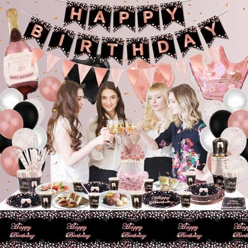 XJLANTTE Fournitures de fête Noir et Or Rose – Ballon, bannière Joyeux Anniversaire, décoration de gâteau, Tasses et Nappe pour décorations de fête Fille Femme, pour 20 invités (Set 02)