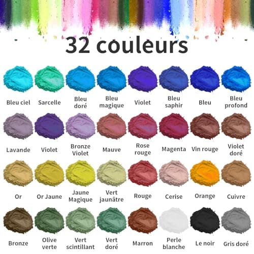 Roizefar Poudre de Mica - Pigment Résine époxy 32 Couleurs, Colorant de Savon, Colorant en Poudre Métallique pour La Fabrication de Bijoux, Bombes de Bain(5g Par Bouteille)