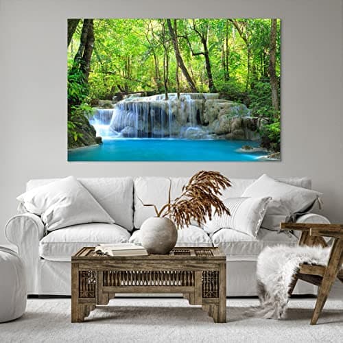 Deco Cadre Décoration Salon Cascade Forêt environnement Moderne Impression sur Toile 120x80cm Image Tableau Decoration Murale Chambre Horizontal Art Wall Tableaux Decoratifs Muraux AA120x80-2664