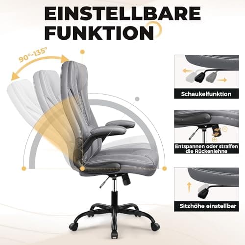 DoChair Chaise Bureau en Cuir Ergonomique Fonction d'oscillation 135°Chaise Pivotante Réglable en Hauteur avec Appui-tête Accoudoirs Réglables, Gris