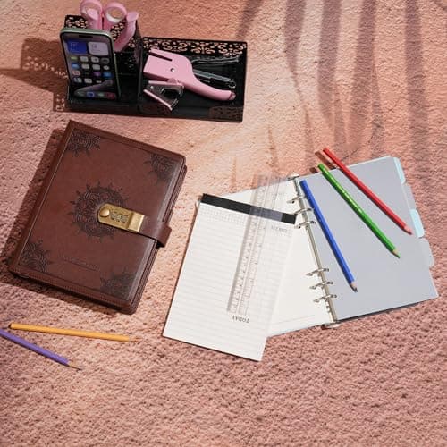 WASON A5 Carnets et journaux avec verrou reliure de notes ligné de planification portfolio et bloc-notes rechargeable stylo organisateur à pince pour entreprise école voyage (Café)
