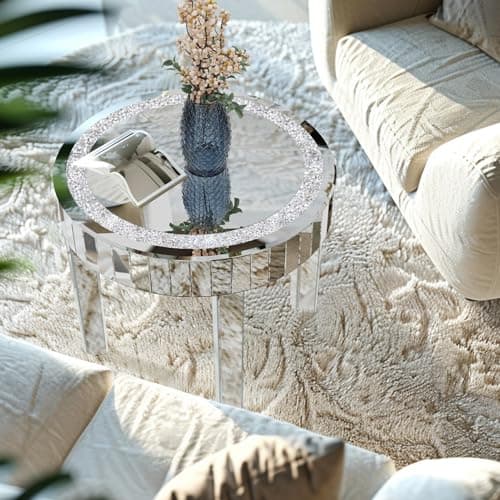 Artloge Table Basse Salon Ronde: Table Basse Argenté en Verre avec Diamants Table d'Appoint Moderne Design en Miroir pour Chambre Café Bureau - 60×60×50CM