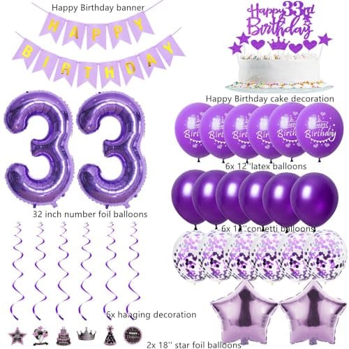 Décoration d'anniversaire 33 ans, pour femme, avec ballons, guirlande Happy Birthday, décoration de gâteau 33 ans, pour femme, violet