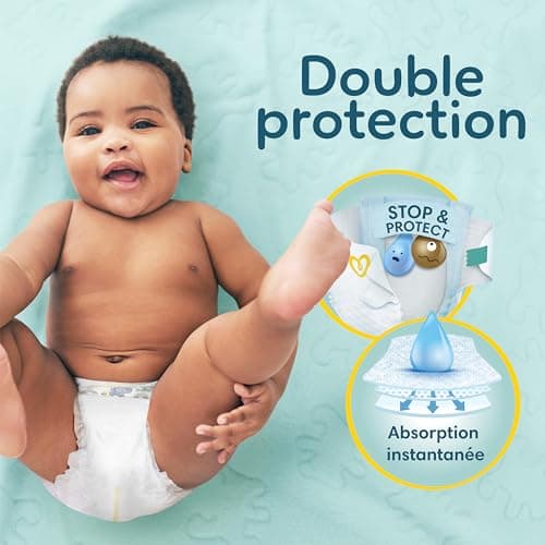 Pampers Premium Protection Taille 1, x112 Couches, 2kg-5kg, Double Protection pour la peau et contre les fuites + 10 Lingettes Harmonie Aqua Gratuites