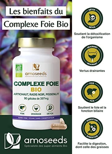 Détox Foie BIO | Puissant Détoxifiant, Draineur, Améliore la Digestion | Artichaut, Radis Noir, Pissenlit | 90 Gélules Vegan | Qualité Supérieure, Fabriqué en France