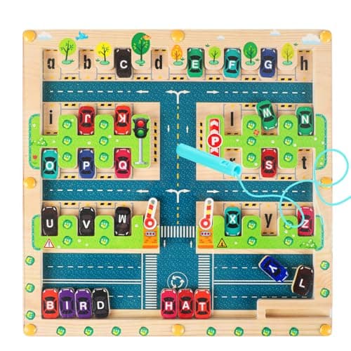 VLEDARLING Jeu Magnétique Labyrinthe Jouet en Bois, Labyrinthe Magnetique, Jouet Bois Montessori de 3-6 Ans, Apprendre Jeu de Tri, Jouet en Bois pour Apprendre Alphabet,Parking Labyrinthe Jouet Enfant