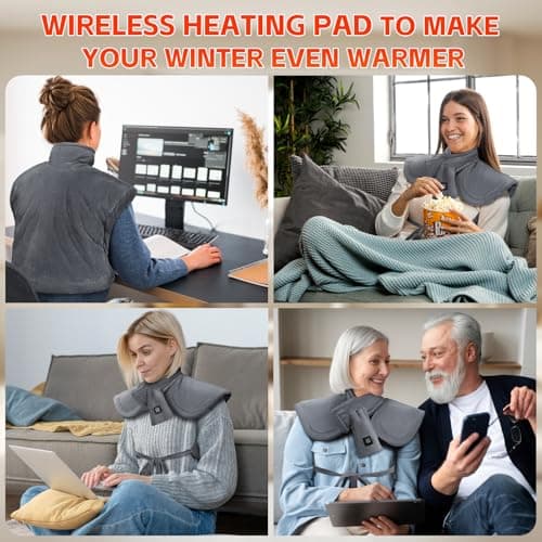 Arlierss Graphène Coussin Chauffant pour Cou et Dos avec Batterie 10000mAh, Coussin Chauffant Électrique Avec 3 Niveaux Réglage Température, Fonction D'arrêt Automatique pour Soulager la Douleur