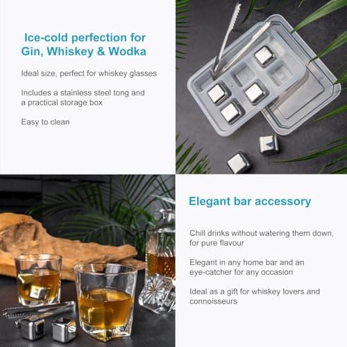 Intirilife Whisky Stone Set en Argent avec Pince en Acier Inoxydable -chacun 2.5 x 2.5 cm- 6 pièces de glaçons réutilisables en Acier Inoxydable avec boîte de Rangement- Pierres de Refroidissement