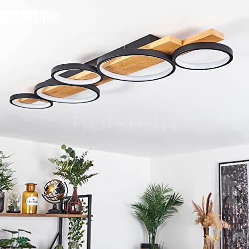 Plafonnier LED Rodekro, plafonnier à intensité variable en métal/bois en noir/nature/blanc, luminaire à intensité variable avec poutre en bois, LED 44 watts, 3000 K, 5100 lumens