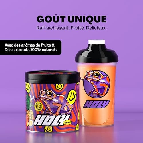 HOLY Energy Gaming Booster 'Fruity Frog' à la mangue, au fruit de la passion & à l'ananas en poudre| 50 portions avec NewCaff & extrait de thé vert | Vegan avec arômes de fruits 100% naturels