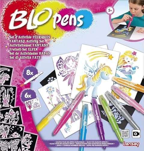 BLOPENS - Set Activités Féeriques - Feutres de Coloriage À Souffler Avec Pochoirs Réutilisables - Idée Cadeau Enfants dès 5 Ans - Kit Création Dessins Fées, Licornes & Sirènes Pailletées - Lansay