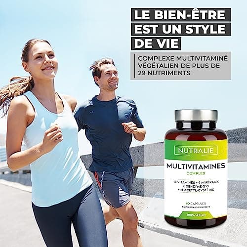 MULTIVITAMINES et Minéraux - Multi Vitamines Complètes pour Adultes Homme et Femme - Vitamines A B C D E K Zinc, Magnésium, Biotine et Q10 | 60 Gélules Veganes Bio-disponibles NUTRALIE