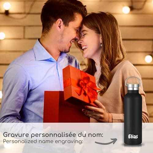 Milu Gourde en acier inoxydable avec gravure 350ml 500ml 750ml 1000ml (+3 couvercles) - Idée cadeau cadeau personnalisé avec prénoms Noël pour hommes femmes maman papa amis | (1000ml + gravure)