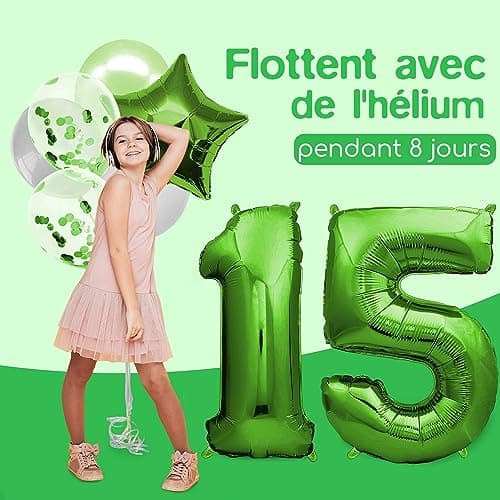 envami® Ballon Anniversaire 15 ans Vert - 101 CM Ballon Chiffre - Deco Kit Anniviersaire Garçon - Happy Birthday Decoration - Ballon Joyeux Anniversaire - Vole Grâce à l'Hèlium