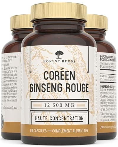 Ginseng Rouge de Corée Panax - Extra Fort 12 500 mg - 60 Gélules - Extrait de Racine de Ginseng avec 20% de Ginsénosides - Vegan