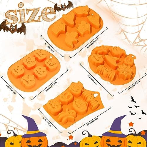 MARUKO Halloween Moule à Chocolat, 4 Pièces Halloween Moule Silicone, Moule Gateau Silicone Citrouille/Crâne/Sorcière/Fantôme en Forme de pour Chocolat, Bonbon, Gelée DIY Moisissure Decorations