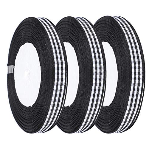 Tiiyee Ruban Vichy Noir et Blanc, 3 Rouleaux de Ruban de Satin à Carreaux Noël Mariage tissé Bord Rouleau Emballage Cadeau décoration de gâteau 1 cm de Largeur 25 Verges/Rouleau