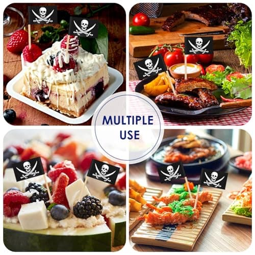 AhfuLife 100Pcs Drapeau Cure-dent Pirate, Mini Drapeau Cocktail de Pirate, Cure Dents Pirate pour Anniversaire Thème Pirate, Decor Cupcake Topper, Étiquettes de Apéritifs Dîner de Halloween
