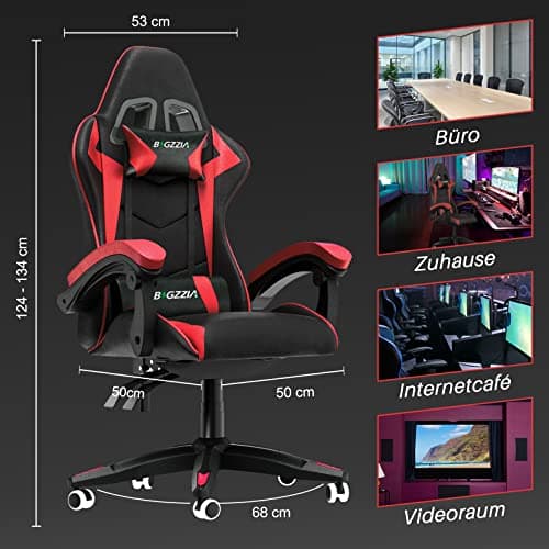 bigzzia Chaise Gaming - Ergonomique Chaise de Gaming avec Coussin Lombaire + appuie-tête - PU Cuir Chaise Bureau réglable en Hauteur - Fauteuil Gaming pour Adultes Enfants - Rouge
