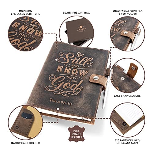 Carnet de Notes Cuir Ligné Rechargeable – Journal Intime Femme Avec Verset Biblique en Relief Psaume 46v10 – Carnet En Cuir Vintage Fait Main – 320 Pages De Papier Ligné A5 |Stylo de Luxe MOONSTER®