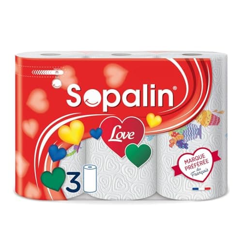 Sopalin Love – x3 Rouleaux – Triple épaisseur – Décors originaux – Emballage 80% plastique recyclé – Papier certifié FSC® Mixte (C017535)