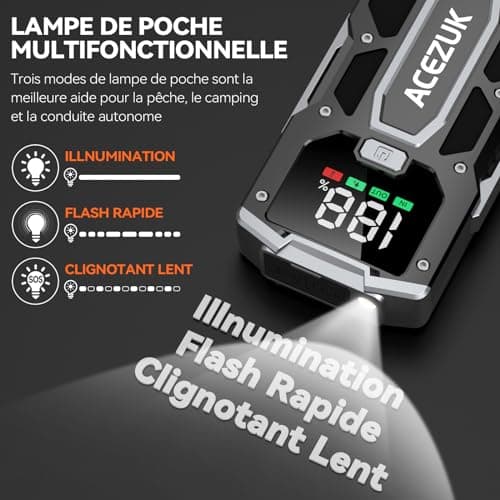 ACEZUK Booster Batterie Voiture 3000A, Démarreur de Voiture Portable (Jusqu'à 5.5L Diesel ou 7.0L Gaz), 12V Jump Starter avec 2.5 inch Écran LCD, Pinces de Sûreté Intelligentes, Lumière LED