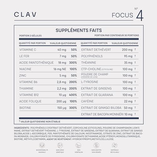 N°4 FOCUS - Supplément Nootropique - Brain Booster améliore la Memoire et Concentration - avec Citicoline + Ginko Biloba + Bacopa Brahmi - 60 Gélules Végan - CLAV Nootropics