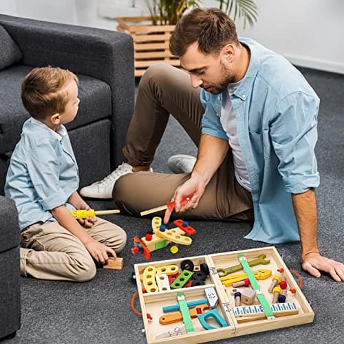 Withosent Caisse à Outils Enfant, 34 Pièces Jouets en Bois Boite a Outil Enfant, DIY Jeux de Construction Enfant pour Garçons Filles de 3 Ans