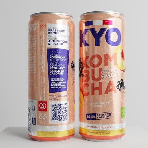 KYO Lot de 8 Canettes 33cl Kombucha Pêche Baies de Sureau bio - Pétillant - faible en sucre - sans alcool et artisanal