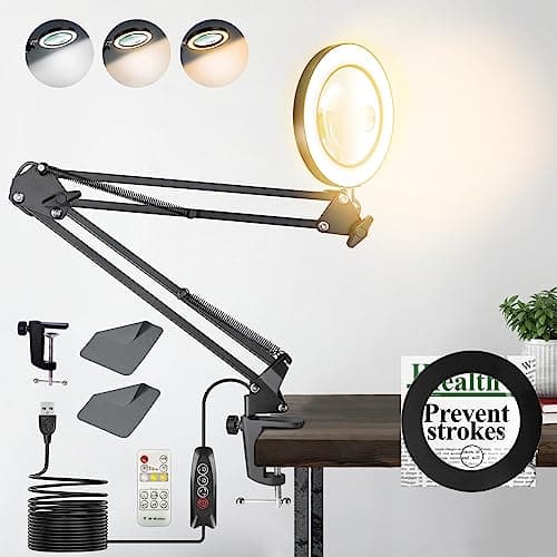 Lampe de Bureau Loupe 10X 15X et LED, Lampe Loupe sur Pied avec 3 Modes de Couleurs et 10 Niveaux de Gradation, Lampe Eclairante avec Bras Pivotant Réglable pour Lire et Travailler