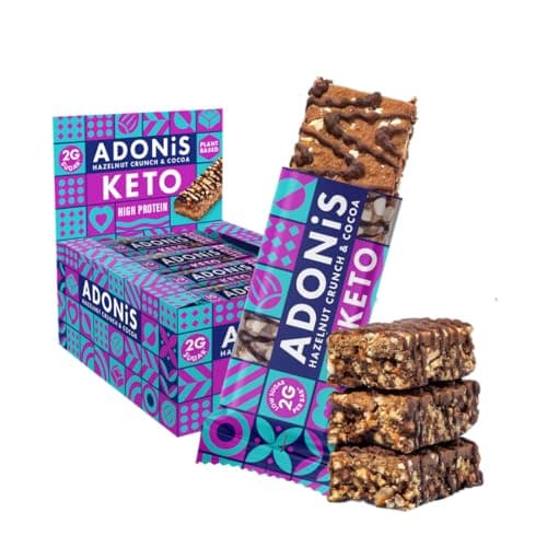 Barres Adonis Keto Riches en Protéines aux Noisettes Croquantes et Chocolat (16 Barres de 45g) | Végétalien et Keto l 100% Naturel l Sans Sucre, Sans Huile de Palme, Sans Lactose Faible