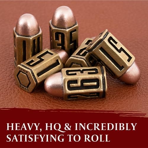 Set de Dés Métal en Forme de Balle/Bullet Dice Set - Six Dés JdR D6 en Laiton - Set de Dés 6 Faces Idéal pour Donjon et Dragon, Warhammer 40k, Jeu de Role,D&D, Accessoires RPG/Dungeons & Dragons/DND