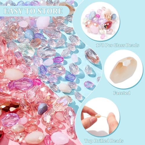NBEADS Environ 178 Pcs Perles de Verre en Cristal, Perles de Verre à Trou Vertical Perles à Facettes en Forme de Larme pour Bracelets Collier Boucles D'Oreilles Bricolage Trou: 0.09-0.14 cm, Rose