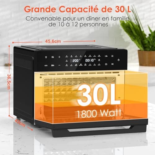 LLIVEKIT 30L Friteuse sans Huile XXL avec Tournante Rôtissoire, Air Fryer 20 Programmes et 9 Accessoires, Friteuse sans Huile avec Écran Tactile LED, Mini Four avce Livre de Recettes, 80°C-230°C