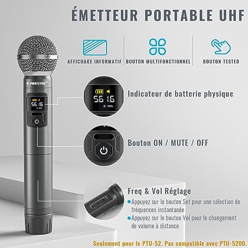 Phenyx Pro Système de Microphones sans Fil avec étui, Ensemble de Microphones sans Fil à Main pour Le Chant, Le karaoké, l'église, 2x30 fréquences UHF réglables, portée de 200 Pieds (PTU-52)