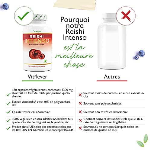 Champignon Reishi - 180 capsules - 1300 mg d'extrait par dose quotidienne - 40% de polysaccharides bioactifs - Vegan - Power Mushroom - Ganoderma lucidum