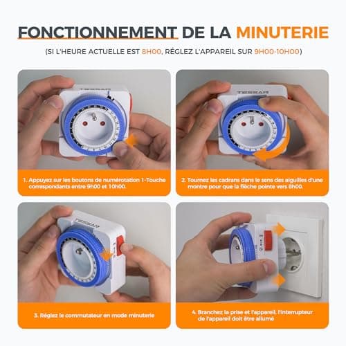 TESSAN Prise Minuteur Programmable 24 Heures, Programmateur Prise de Courant 3680W, Timer Prise Electrique à 96 Segments, Intervalle de 15 Minutes, Prise Minuterie de Cycle Quotidien, pour Lampes