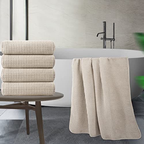 Polyte - Lot de 4 Serviettes de Bain en Microfibres - sèche Rapidement/ne Peluche Pas - Tissu alvéolé - Beige - 152,4 x 76,2 cm