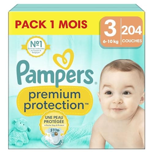 Pampers Couches Premium Protection Taille 3 (6-10 kg), 204 Couches Bébé, Pack 1 Mois, Notre N°1 Pour La Protection Des Peaux Sensibles