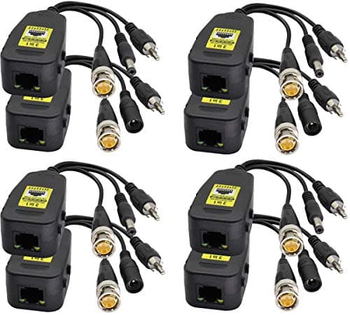 AAOTOKK BNC à RJ45 Émetteur-Récepteur DC Power Passive Audio Video Balun HD-CVI/TVI/AHD/CVBS avec Prise DC pour 720P-1080P 3MP 4MP 5MP 8MP CCTV Security DVR Système Caméra Surveillance (19cm/4Paires)