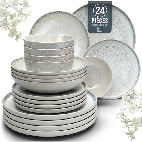 Service de Vaisselle en Grès Ibiza 24 pièces: Service de Table pour 6 Personnes, Adapté au Lave-Vaisselle et au Micro-Ondes, Pure Living beige clair, Assiettes Service de Table, Vaisselle
