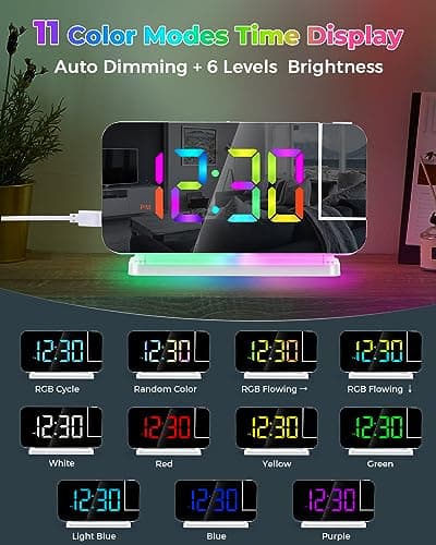 SZELAM Réveil à projection, 18,7 cm, horloge numérique LED, grand écran, avec projecteur rotatif à 180°, veilleuse RVB, port USB C, horloge de bureau moderne pour décoration de chambre à coucher –