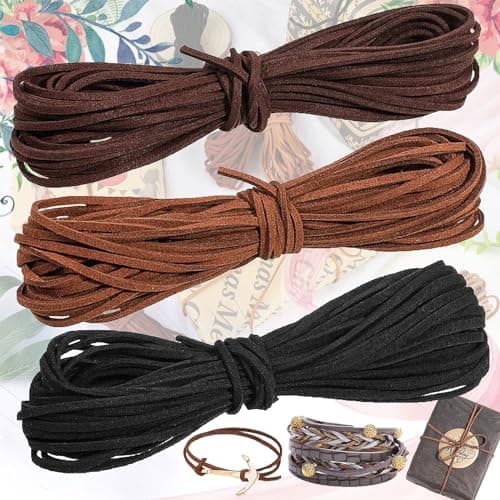 Begpoee 3 Pièces Cordon en Cuir, en Cuir Ficelle en Cuir, Cordon en Faux Daim, Cordons en Cuir Synthétique, 10 m x 3 mm, pour Les Bracelets, Colliers Et Emballages Cadeaux DIY(3 Couleurs)